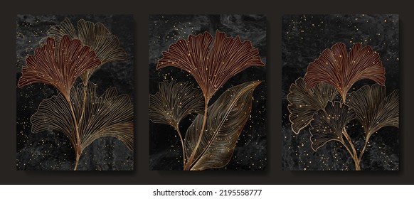 Luxury art background with ginkgo leaves in golden line style. Botanical hand drawn print set for wallpaper design, decor, print, interior design.