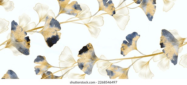 Luxury art background with ginkgo leaves with watercolor texture in golden line style. Botanical background with watercolor textures for wallpaper, decor, interior design