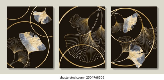 Luxury art background with ginkgo leaves on rings with line art elements in gold color. Set of botanical posters for wallpaper, poster, banner, packaging, cover, postcard, interior design