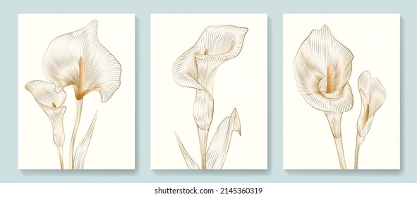 Luxury art background with golden calla flowers in art line style. Botanical poster with watercolor leaves in art line style for decor, design, wallpaper, packaging	
