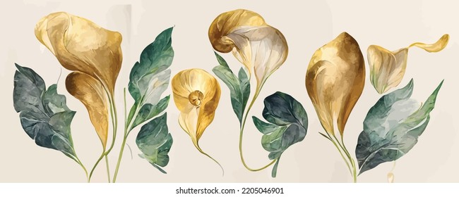 luxury art background with golden calla flowers in art