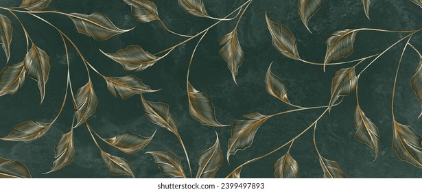 Lujo de arte con hojas de oro exóticas en una rama en estilo de arte lineal. Banner botánico verde oscuro para papel pintado, decoración, impresión, textil, diseño interior.