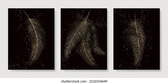 Luxury art background with golden feathers hand drawn in line style. Vector set of modern art for decoration design, print, interior design, wallpaper, cover, packaging, invitations.