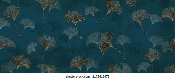 Luxury art background with golden gingko leaves in line style. Hand drawn botanical wallpaper for decoration, wall art, packaging, print, banner