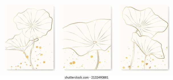 Luxury art background with golden lotus leaves. Botanical floral drawings for interior design, packaging, wallpapers, banners in white and gold color.