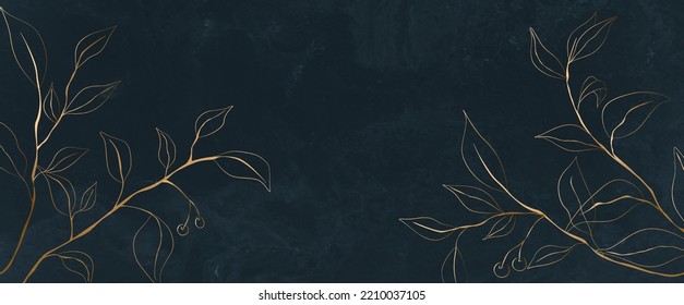 Luxury art background with golden tree leaves in minimalist line art style. Hand drawn botanical banner for textile design, wallpaper, packaging, decor, interior design, print.