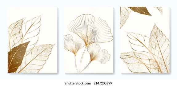 Luxury art background with golden tropical leaves and ginkgo in line style. Botanical poster set for decoration, interior design, textile, packaging