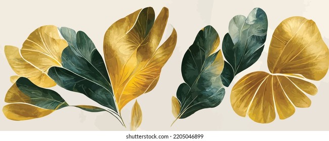 luxury art background with golden tropical leaves