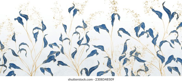 Luxury art background with grass and leaves of tree branches in blue and gold. Botanical abstract banner for decor, wallpaper, packaging, print, textile, poster, interior design.