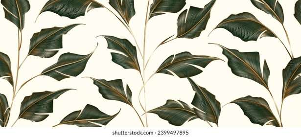 Luxury art background with hand drawn tropical plant leaves in golden line style. Botanical banner for decoration, print, textile, wallpaper, interior design, poster.