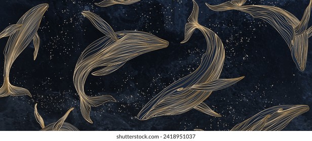 Luxury art background with hand drawn whales in golden line style. Abstract vector banner for wallpaper design, decor, print, pattern.