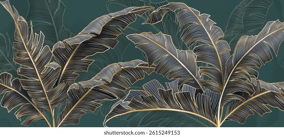 Luxury art background with hand drawn tropical leaves with line art elements. Botanical banner for decor, print, wallpaper, textile, interior design, poster, packaging.