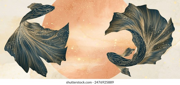 Luxury art background with koi fish in golden line style against the sun. Animal hand drawn banner for decor, print, wallpaper, textile, interior design, poster, invitations, fabric.