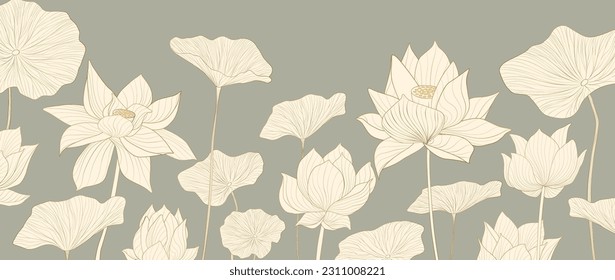 Lujo de arte con hojas de loto y flores con elementos dorados en el estilo de las líneas de arte. Banner botánico de estilo oriental para decoración, impresión, textil, papel pintado, diseño interior, empaque.