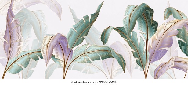 Luxury art background with palm leaves with gold hand drawn elements in line style. Botanical banner with tropical plants for decor, print, textile, wallpaper, interior design