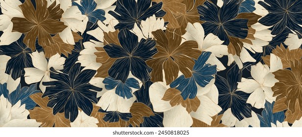 Luxury art background with a pattern of hand-drawn flowers with golden elements in line style. Botanical banner for design of wallpaper, textile, poster, print, packaging, interior design.