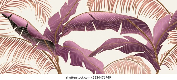 Luxury art background with purple and pink tropical leaves with golden line art. Hand drawn botanical banner for decoration design, print, textile, interior design, poster, wallpaper.