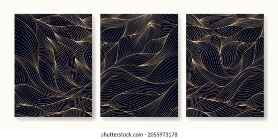 Lujo fondo artístico de tres afiches con un patrón de líneas geométricas doradas para la decoración interior de textiles y telaraña.