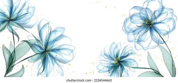 Lujo de arte con flores de color agua transparente azul con elementos dorados. Banner botánico para diseño de decoración, impresión, papel pintado, invitaciones, textil, diseño interior.