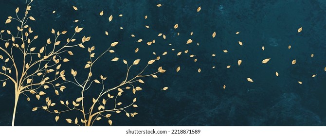 Luxury art background with tree with golden leaves in art line style. Hand drawn botanical banner for wallpaper design, print, textile, decor, fabric, packaging, invitations.