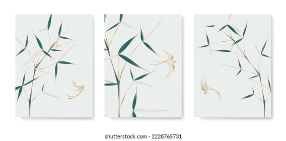 Luxury art background with tropical bamboo plant and birds in golden line art style. Botanical vector set with exotic plants for wallpaper, print, decor, textile, interior design.