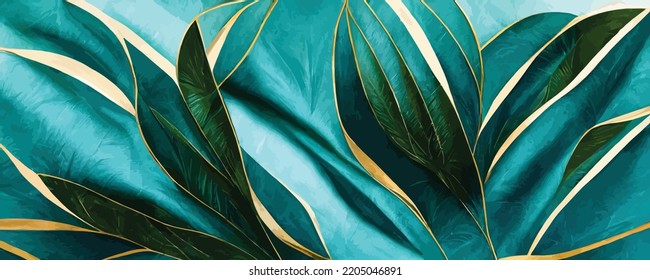 luxury art background with tropical leaves in blue and green lines