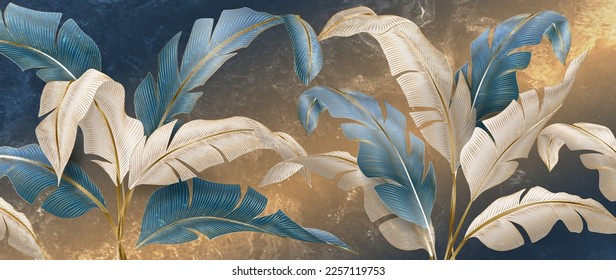 Luxury art background with tropical leaves in gold and blue colors with hand drawn elements in line style. Botanical banner with palm leaves for wallpaper design, decor, print, textile.