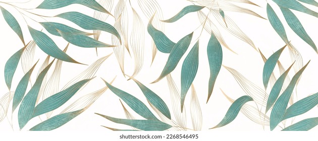 Luxury art background with tropical leaves with golden line elements. Watercolor design in art line style in green and blue colors for wallpaper design, decor, interior