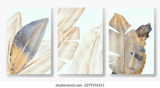 Luxury art background with tropical leaves in watercolor blue and gold color in line style. Botanical print set for decor, print, wallpaper, textile, interior design.