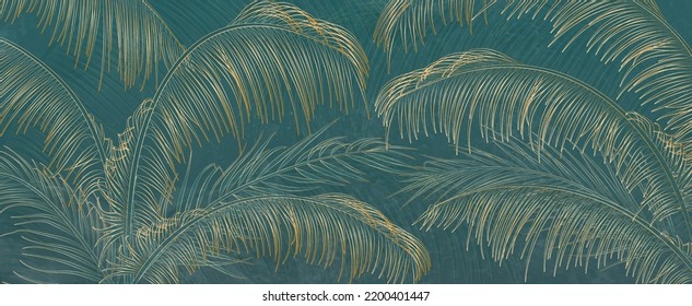 Luxury art background with tropical palm leaves in golden line style. Botanical banner with exotic plants for wallpaper design, decor, packaging, print, textile.