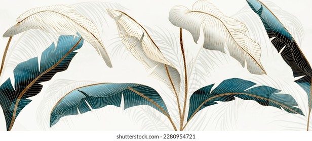 Luxury art background with tropical palm leaves in blue and white with golden art line. Botanical banner with exotic plants for wallpaper, print, interior design, textile, packaging.