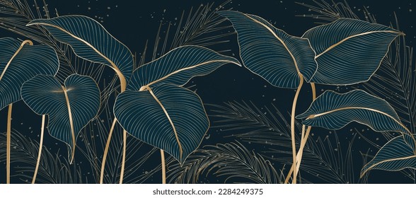 Lujo de arte con hojas de palmeras tropicales en azul con elementos dorados en línea. Banner botánico para decoración, impresión, papel pintado, textil, decoración interior.
