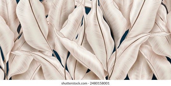 Luxury art background with tropical plant leaves in pink art line style hand drawn. Botanical banner for decor, wallpaper, textile, poster, interior design, packaging.