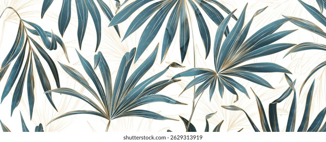 Fundo de arte de luxo com folhas de planta tropical com textura aquarela em estilo de linha de ouro. Banner planta botânica para decoração, impressão, papel de parede, têxtil, design de interiores, papel de parede.
