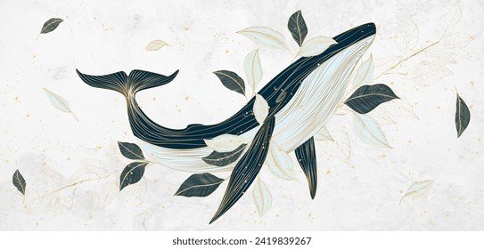 Luxury art background with a whale in the leaves of a tree in a golden line art style. Vector abstract animalistic banner for decoration, print, wallpaper, textile, poster, interior design.