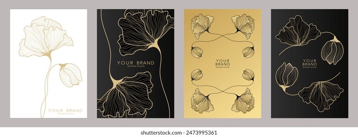 Luxury Art deco cover design set. Fashionable gold line flowers pattern. Elegant hand drawn floral vector template for wedding invitations, makeup catalog, brochure template, flyer, gift cards.