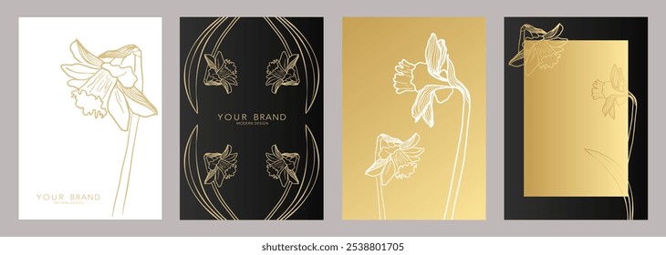 Conjunto de design de capa Art déco de luxo. Linha de ouro na moda flores padrão narcis. Modelo vetor floral desenhado à mão elegante para convites de casamento, catálogo de maquiagem, modelo de brochura, folheto, presente
