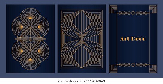  Conjunto de diseño de marco y cubierta art deco de lujo. Plantilla de diseño geométrico de estilo lineal utilizada para Anuncios, diseño de empaque, carteles, invitación de boda, cubierta de folleto, catálogo lux en color oro y azul