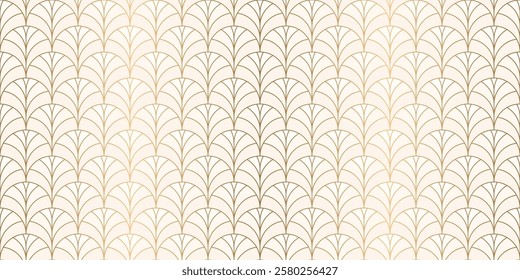 Luxury art deco fan seamless pattern background with gold circle lines on beige shade background, vector vintage decorative texture style for wallpaper, card and prints.  