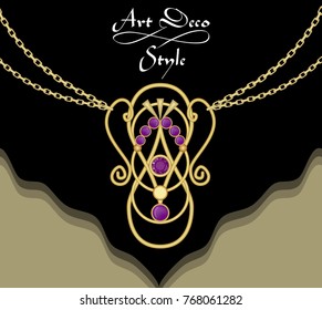 Luxury art deco filigree necklace, pendant with purple amethyst on fine golden chain, antique gold jewel, fashion in victorian style, vector EPS 10