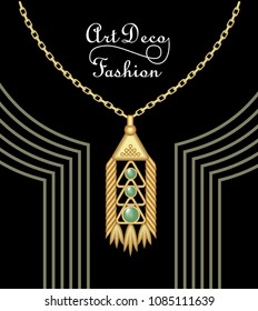 Luxury art deco filigree pendant, jewel with green emerald on golden chain , antique elegant gold jewelry, fashion in victorian style