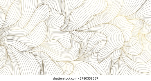 Luxury Art Deco floral pattern with elegant gold line leaves, flowing wave elements background. Vector illustration Japanese  ornament with tropical foliage, wallpaper, tea packaging, summer decor