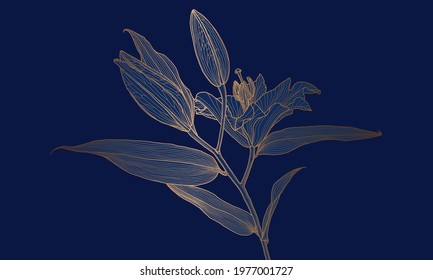 Luxury art deco gold metallic lily flower linear drawing on deep blue. Wallpaper design for print, poster, cover, banner, fabric, invitation, postcard and packaging. Digital vector illustration.