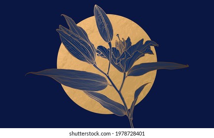 Luxury art deco gold metallic lily flower linear drawing and moon on deep blue. Wallpaper design for print, poster, cover, banner, fabric, invitation, postcard, packaging. Digital vector illustration.