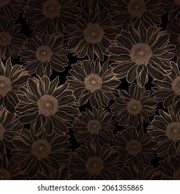 Luxury art deco gold metallic seamless pattern of sunflowers, linear drawing on black backdrop. Decorative print for wallpaper, wrapping, textile, fashion fabric.