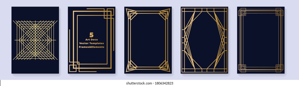 Luxury art deco greeting card and invitation templates set. Decoration geometric ornament. The gold texture on dark background. 