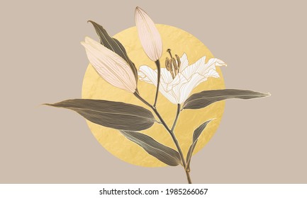 Luxury art deco lily flower golden linear drawing and gold foil circle moon. Wallpaper design for print, poster, cover, banner, fabric, invitation, postcard, packaging. Digital vector art.