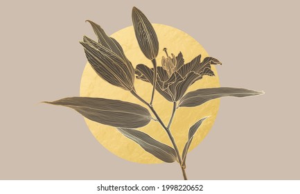Luxury art deco lily flower golden linear drawing with taupe silhouette and gold foil circle moon. Wallpaper design for print, poster, cover, banner, fabric, invitation, postcard, packaging. Digital