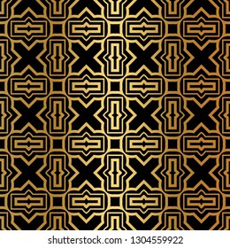 Luxury Art Deco Pattern Of Geometric Elements. Seamless Pattern. Vector Illustration. Design For Printing, Presentation, Textile Industry. Ethnic Arabic, Fashion Decorative Ornament. Black, gold color