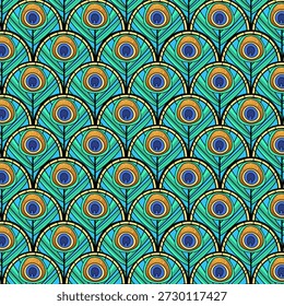 Luxury Art Deco Pattern with Peacock Feather Motifs and Golden Glitter Texture for Glamorous Interior Wallpaper and Fabric